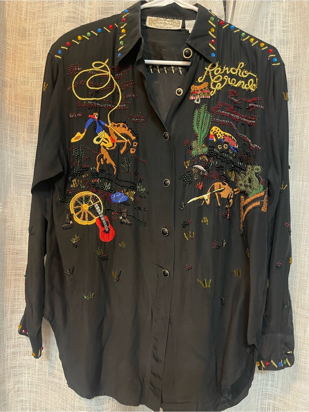 Vintage Silk Embroidered Black Western Shirt with Beadwork